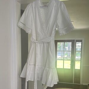 White Wrap Dress with Lace Trim